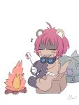  anthro bandai_namco campfire candy claws cooking dessert digimon digimon_(species) eyewear food goggles grin hair ludomon male marshmallow mkz_dg pink_hair sharp_teeth sitting smile solo stitch_(sewing) teeth 