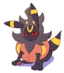  absurdres closed_mouth commentary cosplay frown halloween_costume highres looking_at_viewer no_humans pokemon pokemon_(creature) pumpkaboo pumpkaboo_(cosplay) red_eyes rei_(esprei96) sitting solo split_mouth umbreon white_background 
