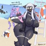  absurd_res anthro avian beach bepinips biped bird cecille_(mewgle) clothing dialogue english_text female hair hi_res lifeguard_tower male mandated_nudity nude outside ra_(kilinah) seaside surfboard swimwear text white_hair 