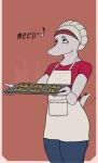 5_fingers anthro apron beanie breasts chef_hat clothed clothing colored cookie dinosaur erin_(snoot_game) female fingers food grey_body grey_eyes hat hat_on_face headgear headwear musical_note reptile scalie shirt simple_background small_breasts snoot_game solo spiked_tail spikes spikes_(anatomy) tail topwear unknown_artist 