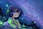  1girl :d blue_eyes blue_hair bright_pupils commentary_request drill_hair drill_sidelocks green_kimono isu_(is88) japanese_clothes kimono light_particles looking_at_viewer night open_mouth outdoors sidelocks sky smile solo star_(sky) starry_sky touhou wading wakasagihime white_pupils 