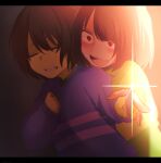  2others 345_myk :d androgynous black_border blush bob_cut border brown_hair chara_(undertale) clenched_hand clenched_teeth close-up closed_eyes commentary crazy_eyes crazy_smile crying double_horizontal_stripe film_grain foreshortening frisk_(undertale) front-to-back green_sweater hair_between_eyes hand_on_own_chest heads_together highres holding_another&#039;s_wrist index_finger_raised letterboxed long_sleeves looking_at_another multiple_others open_mouth parted_lips pink_sweater pointing purple_sweater raised_eyebrows reaching reaching_towards_viewer red_eyes short_hair single_horizontal_stripe smile sparkle streaming_tears sweater tears teeth undertale unhappy upper_body upper_teeth_only v-shaped_eyebrows wide-eyed worried yellow_sweater 