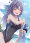  1girl armpits bare_shoulders black_halo black_one-piece_swimsuit blue_archive blue_eyes blue_hair blue_jacket blue_sky blush breasts cloud cloudy_sky collarbone commentary_request covered_navel embarrassed groin halo highres jacket large_breasts long_hair looking_at_viewer mechanical_halo nose_blush ocean one-piece_swimsuit open_mouth parted_bangs ponytail sky solo spoken_blush swimsuit track_jacket tree unworn_jacket wavy_mouth yusuka_yuu yuuka_(blue_archive) yuuka_(track)_(blue_archive) 