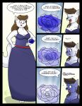  anthro arctic_fox black_border blue_clothing blue_dress blueberry_inflation border breasts canid canine celeste_(someguy7733) chocend cleavage clothed clothing color_change comic corsage dialogue dress english_text female flower fox hi_res mammal plant red_belt rumbling_stomach solo sound_effects speech_bubble text watermark 