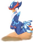  anthro beak biped blue_body blue_eyes blue_fur blush bodily_fluids erection fur generation_9_pokemon genital_fluids genitals hi_res kajinchu kneeling male masturbation nintendo penile penile_masturbation penis pokemon pokemon_(species) precum quaquaval simple_background solo sweat white_background white_body white_fur 