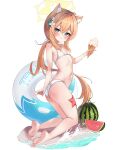  1girl 2drr absurdres animal_ears ass barefoot bikini blue_archive blue_eyes breasts feet flower food fox_ears fox_girl from_side fruit full_body hair_between_eyes hair_flower hair_ornament hair_ribbon halo hand_up highres holding holding_food holding_ice_cream ice_cream innertube kneeling legs long_hair looking_at_viewer looking_back mari_(blue_archive) navel orange_hair ponytail ribbon small_breasts smile soles solo starfish swimsuit thighs toes v very_long_hair watermelon white_bikini white_flower white_ribbon 