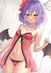  1girl babydoll bare_shoulders bat_wings blush breasts cameltoe collarbone fang hair_ornament highres navel open_mouth panties pointy_ears purple_hair red_eyes red_nails reijing_etrn remilia_scarlet ribbon see-through short_hair side-tie_panties small_breasts solo touhou underwear wings 