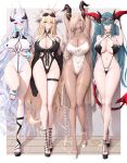  4girls absurdly_long_hair absurdres armpits arms_up azur_lane blonde_hair blue_hair border braid breasts choker cleavage dark-skinned_female dark_skin demon_horns dragon_horns eyewear_on_head full_body grin groin headphones headphones_around_neck highres horns implacable_(azur_lane) kearsarge_(azur_lane) large_breasts long_hair mechanical_horns mole mole_under_mouth multiple_girls navel one-piece_swimsuit owari_(azur_lane) owari_(shimmering_forsythia)_(azur_lane) platform_footwear purple_eyes red_eyes regensburg_(azur_lane) regensburg_(dark_dragon_brilliant_beach)_(azur_lane) shawl shiroshisu side-by-side slingshot_swimsuit smile spiked_choker spikes stomach sunglasses swimsuit thigh_strap thighlet thighs twin_braids very_long_hair white_border white_hair wide_hips yellow_eyes 