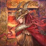  1girl brown_dress cape covered_eyes dress elden_ring facing_to_the_side from_side fur_collar gold_armor hair_flowing_over helmet helmet_over_eyes liuyuart long_hair malenia_blade_of_miquella ornate_border painting_(medium) red_cape red_clouds red_hair red_sky sky sunset traditional_media watercolor_(medium) winged_helmet 