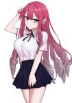  1girl absurdres baobhan_sith_(fate) black_ribbon black_skirt drill_hair elfenlied22 fate/grand_order fate_(series) gradient_hair grey_eyes hand_up highres looking_at_viewer multicolored_hair nail_polish red_nails ribbon school_uniform shirt simple_background skirt solo thighs white_background white_shirt 