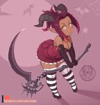  breasts cleavage clothed clothing demon demon_humanoid dress female hair holding_scythe humanoid legwear melee_weapon not_furry polearm red_clothing red_dress red_hair scythe solo syele thigh_highs weapon yorutamago 