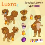  1:1 anthro biped brown_body brown_fur digitigrade fan_character feral fur heterochromia hi_res jonatanm lewxen looking_at_viewer luxro male mammal model_sheet mouth_shot open_mouth pawpads rear_view 