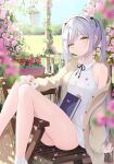  1girl akie_(44265104) bare_legs black_ribbon blurry blurry_background blurry_foreground book buttons chair collared_shirt commentary_request daisy day feet_out_of_frame flower frilled_socks frills grey_hair hair_ribbon hanging_plant jacket legs long_hair looking_at_viewer maid_headdress melonbooks no_shoes on_chair open_clothes open_jacket original outdoors parted_lips petals pink_flower pink_rose plant porch red_flower ribbon rose shirt single_bare_shoulder sitting sleeveless sleeveless_shirt socks solo thighhighs twintails unbuttoned very_long_hair vines white_shirt wooden_chair yellow_eyes 