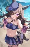  1girl animal_ears bandeau bare_arms bare_shoulders beach bikini bikini_skirt black_bow blue_bikini blue_flower blue_headwear blue_rose blurry blurry_background blush bow breasts brown_hair cherry cowboy_shot criss-cross_halter cup day drinking_straw flower food fruit hair_over_one_eye halterneck hat hat_flower highres holding holding_cup horse_ears horse_girl horse_tail ice_cream kurumi_lm long_hair looking_at_viewer navel open_mouth outdoors outstretched_arm purple_eyes reaching_towards_viewer rice_shower_(umamusume) rose small_breasts smile standing swimsuit tail thigh_strap umamusume wet 