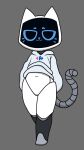  2023 ambiguous_gender android bellabot bottomless carrefour clothed clothing domestic_cat felid feline felis gooblie_2 hi_res hoodie kerfus logo looking_at_viewer machine mammal portrait pudu_robotics robot screen screen_face simple_background smile solo tail topwear white_body 