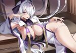  1girl azur_lane bare_shoulders breasts hair_ornament hair_over_one_eye highres japanese_clothes large_breasts long_hair looking_at_viewer multicolored_hair parted_lips purple_eyes solo stone_(ksorede) streaked_hair unzen_(azur_lane) very_long_hair white_hair wide_sleeves 