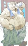  2023 anthro belly big_belly bodily_fluids bottomwear canid canine canis clothing dain_4201 domestic_dog drinking hi_res kemono male mammal moobs navel nipples overweight overweight_male pants solo sweat towel towel_around_neck 