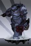  absurdres adeptus_astartes animal_helmet armor armored_boots blood blood_on_weapon blue_armor boots breastplate carcharodons couter crotch_plate cuirass drill dripping dripping_blood gauntlets greaves grey_armor helm helmet highres holding holding_weapon leg_armor on_snow pauldrons pointing poleyn power_armor purple_armor rerebrace shark shoulder_armor siege_drill snow walking weapon wolfdawg_art 