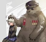  1girl absinthe_(arknights) absurdres animal animal_ears ao_oni_(onioni-aoi) arknights award_ribbon bear bear_ears bear_girl black_headwear black_pantyhose black_shirt closed_mouth collared_shirt commentary_request cowboy_shot grey_background grey_hair hat headpat highres long_sleeves medal military_hat motion_lines necktie one_eye_closed pantyhose partial_commentary pleated_skirt puffy_long_sleeves puffy_sleeves purple_necktie purple_skirt red_eyes shirt short_hair sitting skirt solo sparkle sunglasses 