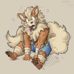  anthro anthrofied arcanine bodily_fluids bottomwear clothed clothing confusion drooling emanata fluffy fluffy_tail generation_1_pokemon iscofish looking_at_viewer male markings nintendo open_mouth pawpads paws pokemon pokemon_(species) saliva shorts simple_background sitting solo tail tan_body tongue tongue_out topless topless_male 