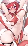  1girl armpits arms_up bouncing_breasts breast_curtains breasts commission dancer highres looking_at_viewer love_live! love_live!_school_idol_project medium_breasts mitsukuni navel nishikino_maki no_panties pelvic_curtain pixiv_commission pole_dancing purple_eyes pussy red_hair revealing_clothes shiny_skin short_hair smile solo standing 