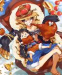  1boy bandaid bandaid_on_face bandaid_on_nose black_eyes blue_shorts boned_meat chain chalice coat coin crown cup eating food fur-trimmed_coat fur-trimmed_shorts fur_trim grin hat highres holding holding_food male_focus meat mirin_(coene65) monkey_d._luffy one_piece orange_shorts sandals scar scar_on_cheek scar_on_chest scar_on_face shorts sitting smile straw_hat throne time_paradox 
