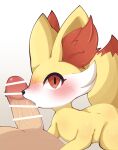  blush censored disembodied_penis duo fennekin feral generation_6_pokemon genitals hi_res himimi human licking looking_at_viewer male mammal nintendo oral penile penis penis_lick pokemon pokemon_(species) red_body red_eyes sex tongue tongue_out vein veiny_penis white_body yellow_body 