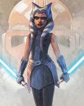  1girl ahsoka_tano alien black_pants blue_eyes blue_lightsaber clone_trooper_helmet dual_wielding energy_sword gloves holding holding_lightsaber lightsaber pants sleeveless star_wars sword togruta weapon woodsideart 