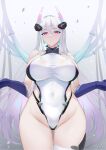  1girl ass_visible_through_thighs azur_lane baige0 bare_shoulders blue_gloves blush breasts closed_mouth covered_navel elbow_gloves gloves gradient_background hair_between_eyes hair_ornament highleg highleg_leotard highres kearsarge_(azur_lane) large_breasts leotard long_hair looking_at_viewer purple_eyes revision solo thighs white_hair white_leotard 