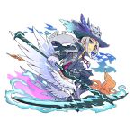  1boy ankle_wings bird black_jacket black_pants blue_eyes gloves grey_hair hermes_(p&amp;d) holding holding_scythe holding_weapon jacket jewelry long_hair magic male_focus necklace pants ponytail puzzle_&amp;_dragons scythe simple_background solo weapon white_background white_gloves white_wings wings yukiuma 
