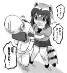  animal_ears bow common_raccoon_(kemono_friends) crying dot_nose fur_collar gloves hair_between_eyes highres kemono_friends monochrome open_mouth puffy_short_sleeves puffy_sleeves raccoon_ears raccoon_girl raccoon_tail sad short_sleeves skirt standing streaming_tears suicchonsuisui tail tears translation_request 