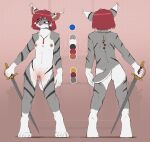  absurd_res anthro breasts butt felid feline female front_view fur genitals grey_body grey_fur hair hi_res jewelry mammal melee_weapon model_sheet necklace nipples nude pussy rear_view red_hair solo standing sword the-minuscule-task weapon 