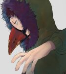  1boy boku_no_hero_academia brown_hair chacoma feather-trimmed_jacket feathers from_side green_jacket hand_up highres hood hood_up jacket male_focus mask mouth_mask overhaul_(boku_no_hero_academia) plague_doctor_mask purple_feathers short_hair solo very_short_hair yellow_eyes 