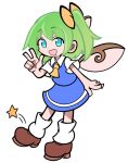  1girl :d aqua_eyes ascot blue_skirt blue_vest bow brown_footwear daiyousei fairy_wings full_body green_hair hair_bow looking_at_viewer open_mouth parody puyopuyo shinmon_akika shirt short_hair short_sleeves side_ponytail simple_background skirt smile socks solo star_(symbol) style_parody touhou vest w white_background white_shirt white_socks wings yellow_ascot yellow_bow 