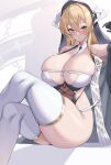  1girl azur_lane bangs bare_shoulders between_breasts black_dress black_gloves blonde_hair blurry blurry_background blush breasts commentary commentary_request cross crossed_bangs crossed_legs detached_sleeves dress gloves habit hair_between_eyes highres horns huge_breasts implacable_(azur_lane) invisible_chair kuavera long_hair looking_at_viewer red_eyes sideless_outfit sitting skindentation sleeveless sleeveless_dress thick_thighs thighhighs thighs 