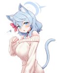  1girl ako_(blue_archive) animal_collar animal_ear_fluff animal_ears bell blue_archive blue_eyes blue_hair blue_halo blush breasts cat_ears cat_tail collar fang greenteamousou hair_between_eyes halo highres jingle_bell korean_commentary large_breasts long_hair long_sleeves looking_at_viewer off-shoulder_sweater off_shoulder open_mouth simple_background skin_fang solo sweater tail upper_body white_background white_sweater 