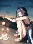  1girl absurdres artist_name birthday_cake blue_eyes blue_hair blurry blurry_background bokeh bow bow_earrings breasts cake crocs depth_of_field dutch_angle earrings fireworks food grin hair_intakes highres hololive hololive_english jewelry knees_up korean_commentary large_breasts long_legs looking_at_viewer ouro_kronii short_hair sideboob smile solo sparkler squatting virtual_youtuber zenya 