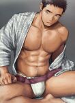  1boy abs bara bare_pectorals bulge chest_hair dark-skinned_male dark_skin excessive_pubic_hair feet_out_of_frame gentle2nd grey_kimono hairy japanese_clothes kimono large_pectorals leg_hair long_sideburns looking_to_the_side male_focus male_pubic_hair muscular muscular_male navel navel_hair nipples open_clothes open_kimono original pectorals pubic_hair short_hair sideburns solo spread_legs stomach thick_eyebrows thick_thighs thighs 