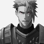  1boy achilles_(fate) armor fate/apocrypha fate_(series) haruakira highres looking_at_viewer lower_teeth_only male_focus mature_male monochrome open_mouth portrait red_eyes ribbed_shirt shirt short_hair sideburns simple_background solo spot_color straight-on teeth undercut 