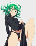  1girl black_dress black_panties breasts clothes_lift dress dress_lift green_eyes green_hair highres lifted_by_self medium_hair one-punch_man panties side_slit simple_background small_breasts solo suitenan tatsumaki underwear 