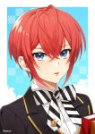  1boy antenna_hair black_jacket blue_eyes bow bowtie hair_between_eyes heart_antenna_hair highres jacket kwakah looking_at_viewer male_focus red_hair riddle_rosehearts short_hair solo striped striped_bow striped_bowtie suit tongue tongue_out twisted_wonderland 