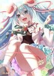  1girl :d absurdres aqua_eyes aqua_hair blurry commentary convenient_leg depth_of_field flower hair_flower hair_ornament hand_up hatsune_miku highres jacket knees_up long_hair looking_at_viewer magical_mirai_(vocaloid) magical_mirai_miku magical_mirai_miku_(2021) miku_day miniskirt multicolored_rose nota_ika rose skirt smile solo twintails twitter_username vocaloid white_jacket 