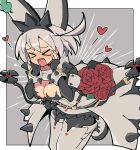  &gt;_&lt; 1girl ahoge black_gloves blush bouquet bracelet breasts cleavage cleavage_cutout clothing_cutout clover collar elphelt_valentine fingerless_gloves flower four-leaf_clover gloves guilty_gear guilty_gear_xrd hairband highres holding holding_bouquet huge_ahoge itsuka_neru jewelry large_breasts long_sleeves medium_hair open_mouth red_flower red_rose rose smile spiked_bracelet spiked_collar spiked_hairband spikes 