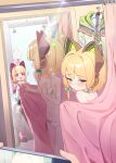  2girls absurdres animal_ear_headphones animal_ears bikini black_thighhighs blonde_hair blue_archive blue_bow blush bow cat_ear_headphones collarbone fake_animal_ears green_eyes hair_bow halo headphones highres indoors jacket jacket_removed long_sleeves looking_at_another looking_back midori_(blue_archive) mirror momoi_(blue_archive) multiple_girls navel open_mouth pink_bow pink_eyes reflection siblings side-tie_bikini_bottom sisters sitting swimsuit thighhighs white_bikini white_jacket whonyang 