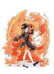  1girl black_gloves brown_eyes brown_hair dress fire gloves hat high_heels highres leaf_(champion)_(pokemon) leaf_(pokemon) long_hair moltres official_alternate_costume open_mouth pantyhose pokemon pokemon_(creature) pokemon_(game) pokemon_masters_ex simple_background u4_99384295 v white_background white_pantyhose 