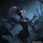  1girl absurdres artist_name branch breasts chinese_commentary coven_zyra earrings fog forest highres jewelry large_breasts league_of_legends long_hair looking_ahead nature official_alternate_costume official_alternate_hairstyle outdoors parted_lips red_eyes solo standing touding_you tree white_hair zyra 