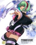  1girl absurdres breasts choker cropped_jacket english_text green_eyes green_hair headphones highres holding holding_whip kojima_(blue_stardust) leggings light_green_hair looking_at_viewer meuniel multicolored_clothes multicolored_legwear phonon_(under_night_in-birth) short_hair skirt smile snake solo striped striped_leggings under_night_in-birth under_night_in-birth_exe:late[st] whip wireless 