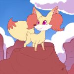  1:1 2016 3_toes black_nose cloud countershade_face countershade_fur countershading cute_fangs detailed_background digital_media_(artwork) dipstick_tail eyelashes feet female fennekin feral flat_colors fluffy fluffy_tail front_view fur generation_6_pokemon hi_res inner_ear_fluff markings nintendo nude outside pink_eyes pink_inner_ear pokemon pokemon_(species) pose quadruped red_inner_ear_fluff rock shikaro signature sky smile solo standing tail tail_markings taquita_(shikaro) three-quarter_view toes tuft white_body white_countershading yellow_body yellow_fur 