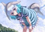  1girl blue_eyes blue_hair bracelet cetacean_tail closed_mouth collarbone common_bottlenose_dolphin_(kemono_friends) day dolphin_girl fins fish_tail hands_on_own_knees highres jewelry kemono_friends kosai_takayuki multicolored_hair outdoors palm_tree short_hair short_sleeves smile solo tail tree white_hair 