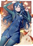  1girl ameno_(a_meno0) autumn_leaves blue_eyes blue_hair breasts fire_emblem fire_emblem_awakening grin hair_between_eyes leaf long_hair long_sleeves looking_at_viewer lucina_(fire_emblem) lying on_back on_grass outdoors pantyhose small_breasts smile solo sweater symbol-shaped_pupils tiara 